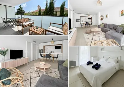 a collage of three pictures of a living room and a bedroom at Spacieux T2 à 150m Des Plages in Cagnes-sur-Mer