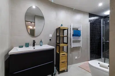a bathroom with a sink and a mirror and a shower at Appartement confort centre ville de Nice in Nice