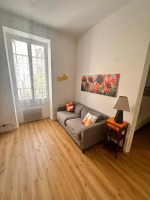 a living room with a gray couch and two windows at Studio Smile FSHH in Nice