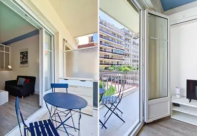 a small apartment with a balcony with a table and chairs at Nestor&Jeeves - ESPRIT SUD - Near Promenade des Anglais in Nice