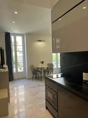 a kitchen with a table and chairs in a room at Grand Studio Luxe in Nice