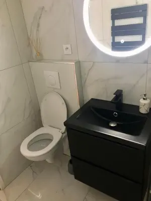 a bathroom with a toilet and a black sink at Le Clio Hyper Centre proche Promenade in Nice