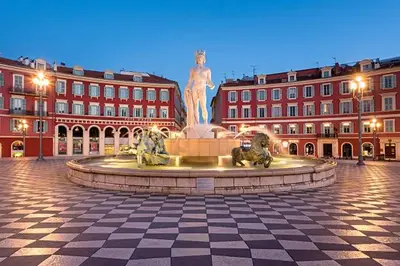 a fountain with a statue in the middle of a building at Le Clio Hyper Centre proche Promenade in Nice
