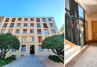 two pictures of a building with a tree in front at Nestor&Jeeves - PALAIS DE LA SIRENE - Near Promenade des Anglais in Nice