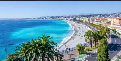 a view of a beach with palm trees and the ocean at SEA SIDE - Rooftop Pool SeaView in Saint-Laurent-du-Var