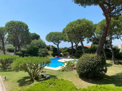 a swimming pool in a park with trees and bushes at Blue dream and zen Holidays in Nice