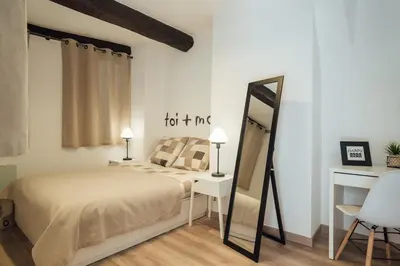 a bedroom with a bed and a mirror at L'Authentic, charme dans la vieille ville avec climatisation in Nice