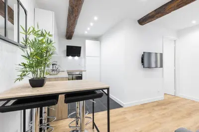 a kitchen with a table and a potted plant at Charmant petit 2 pieces dans la vieille ville in Nice