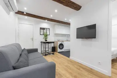a living room with a couch and a tv on a wall at Charmant petit 2 pieces dans la vieille ville in Nice