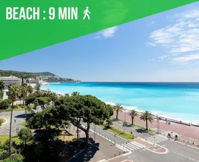 a green sign that reads beach mins at Votre grand COCON Niçois Appart Vue Mer in Nice