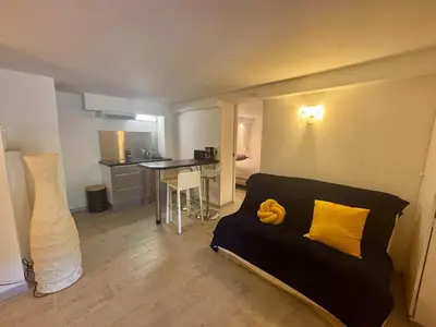 a living room with a couch and a table at Appartement terrasse jacuzzi in Nice