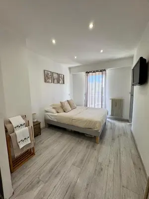 a bedroom with a bed and a television in it at Charmant 2pcs - 5min des plages in Cagnes-sur-Mer