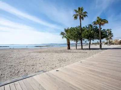 a beach with palm trees and a wooden boardwalk at Apartment Seaside View-1 by Interhome in Saint-Laurent-du-Var