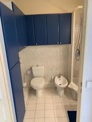 a bathroom with a toilet and a sink and blue cabinets at Mer à 5 minutes et vue splendide! in Nice