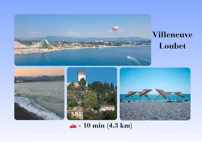 a collage of pictures of a beach and a bridge at Villa Bleu Azur - Élégance Privée avec Vue Mer & Montagne in Cagnes-sur-Mer