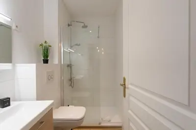 a white bathroom with a shower and a toilet at #56 2P Massena Central close promenade,Old Town, AC in Nice