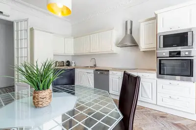 a kitchen with white cabinets and a glass table with a plant at Grand appartement climatisé centre ville Nice in Nice
