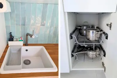 a kitchen sink with a pot on a rack above it at Magnifique Studio Le Renoir proche mer in Nice
