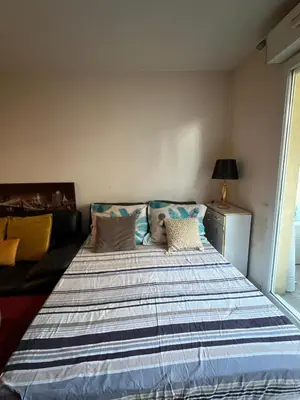 a bedroom with a large bed with pillows on it at Studio magnan grand balcon in Nice