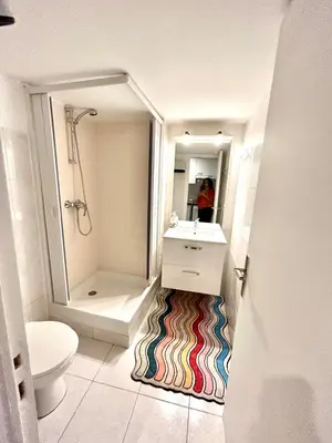a bathroom with a sink and a shower and a toilet at Studio close to Main Street and Train Station in Nice