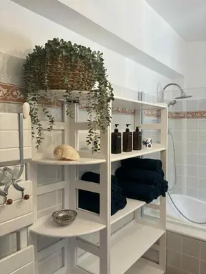 a bathroom with a white shelf with plants in it at A la campagne aux portes de Nice in Falicon