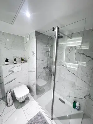 a white bathroom with a shower and a toilet at Luxueux appartement climatisé avec piscine & parking in Saint-Laurent-du-Var