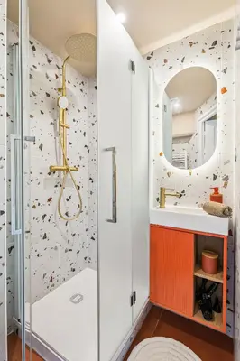 a bathroom with a shower and a sink at Nice Renting - CROTTI - Authentic Immersion Sea & Beach Massena in Nice