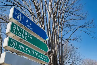 a pole with street signs in front of a tree at Nissa la bella in Nice