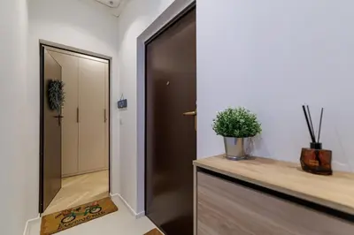 a hallway with a door and a counter with a potted plant at Wide Open Sky Terrace 1 Bdr in Nice