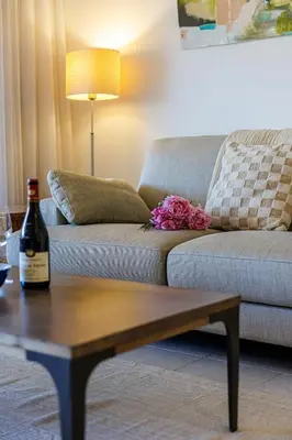 a living room with a couch and a bottle of wine at FEEL HOME - CAIS De PIERLAS in Nice