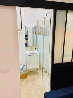 a bathroom with a glass shower and a sink at Magnifique studio Centre-ville in Nice