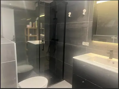 a bathroom with a shower and a toilet and a sink at Studio du Domaine du Piol in Nice