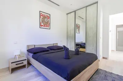 a bedroom with a bed and a large mirror at Sàvega - Climatisé et Proche Plage in Nice