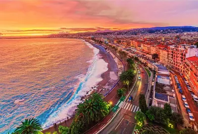 an aerial view of a beach at sunset at Résidence le vernier in Nice