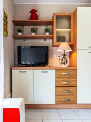 a living room with a tv and a desk with a television at Studio cœur de ville et au calme in Cagnes-sur-Mer