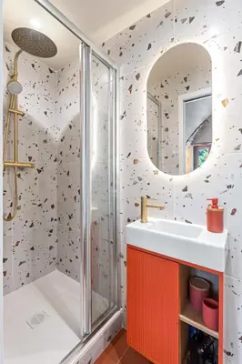 a bathroom with a shower and a sink and a mirror at Nice Renting - CROTTIb - Studio Rare Pearl Typical Chic Massena & Sea in Nice