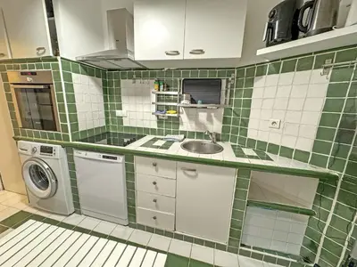 a green and white tiled kitchen with a washing machine at Belle Epoque Azur Promenade Nice in Nice