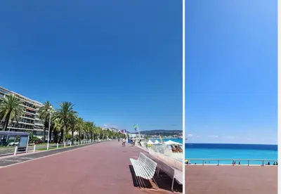 two photos of a beach with palm trees and the ocean at Nestor&Jeeves - PROMENADE DU SUD - Vue Mer in Nice