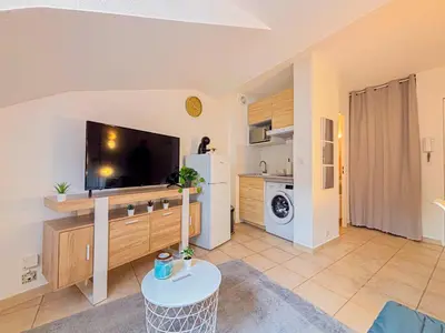 a living room with a flat screen tv on a wall at Etudiants Port - Riquier- Wifi, 2 pers in Nice
