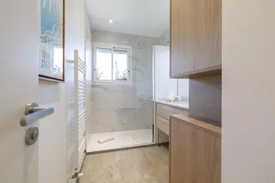 a bathroom with a walk in shower next to a window at Quiet & Open View - 1 Bdr Large Terrace in Nice