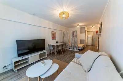 a living room with a couch and a flat screen tv at Studio rénové à deux pas de la mer et commerces in Cagnes-sur-Mer