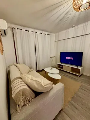 a living room with a couch and a tv at Studio rénové à deux pas de la mer et commerces in Cagnes-sur-Mer