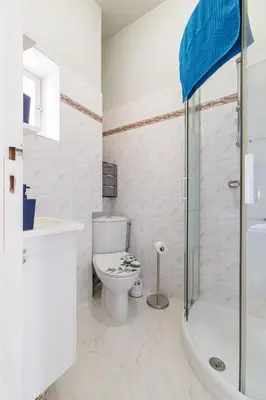 a white bathroom with a toilet and a shower at La Terrasse de Bracco in Beaulieu-sur-Mer