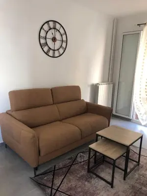 a brown couch in a living room with a clock on the wall at Le St Lambert, Grand Studio Libération in Nice