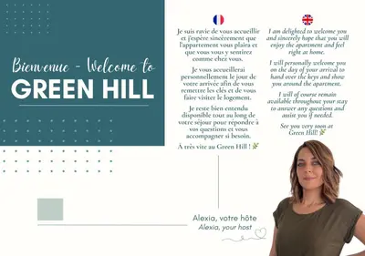 a woman standing next to a calendar with the words green hill at Green Hill Appartement à Nice Terrasse 130m2, Vue panoramique, Piscine, Parking Privé, Climatisation, WiFi in Nice