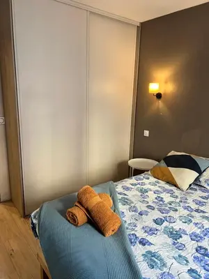 a bedroom with a bed with two towels on it at Bel appartement spacieux avec joli balcon arboré, calme, bien situé, centre ville in Nice