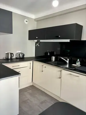 a kitchen with white cabinets and black counter tops at Bel appartement spacieux avec joli balcon arboré, calme, bien situé, centre ville in Nice