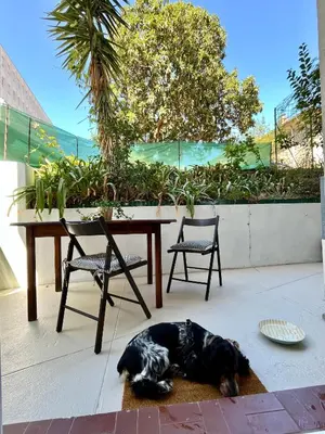 a dog laying on a rug next to a table and chairs at Jeanne Darc in Nice