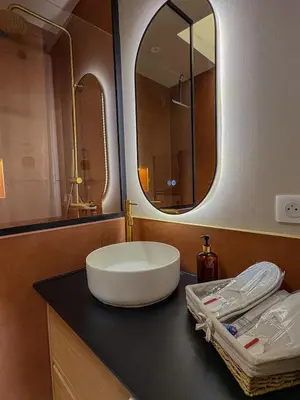 a bathroom with a white sink and a mirror at Charmant 2 pièces rénové avec vue mer in Villefranche-sur-Mer