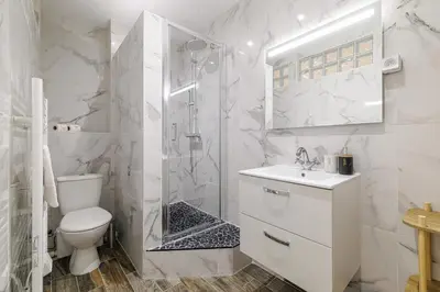 a white bathroom with a toilet and a shower at Ultra Central Rue Massena 1 Bdr in Nice